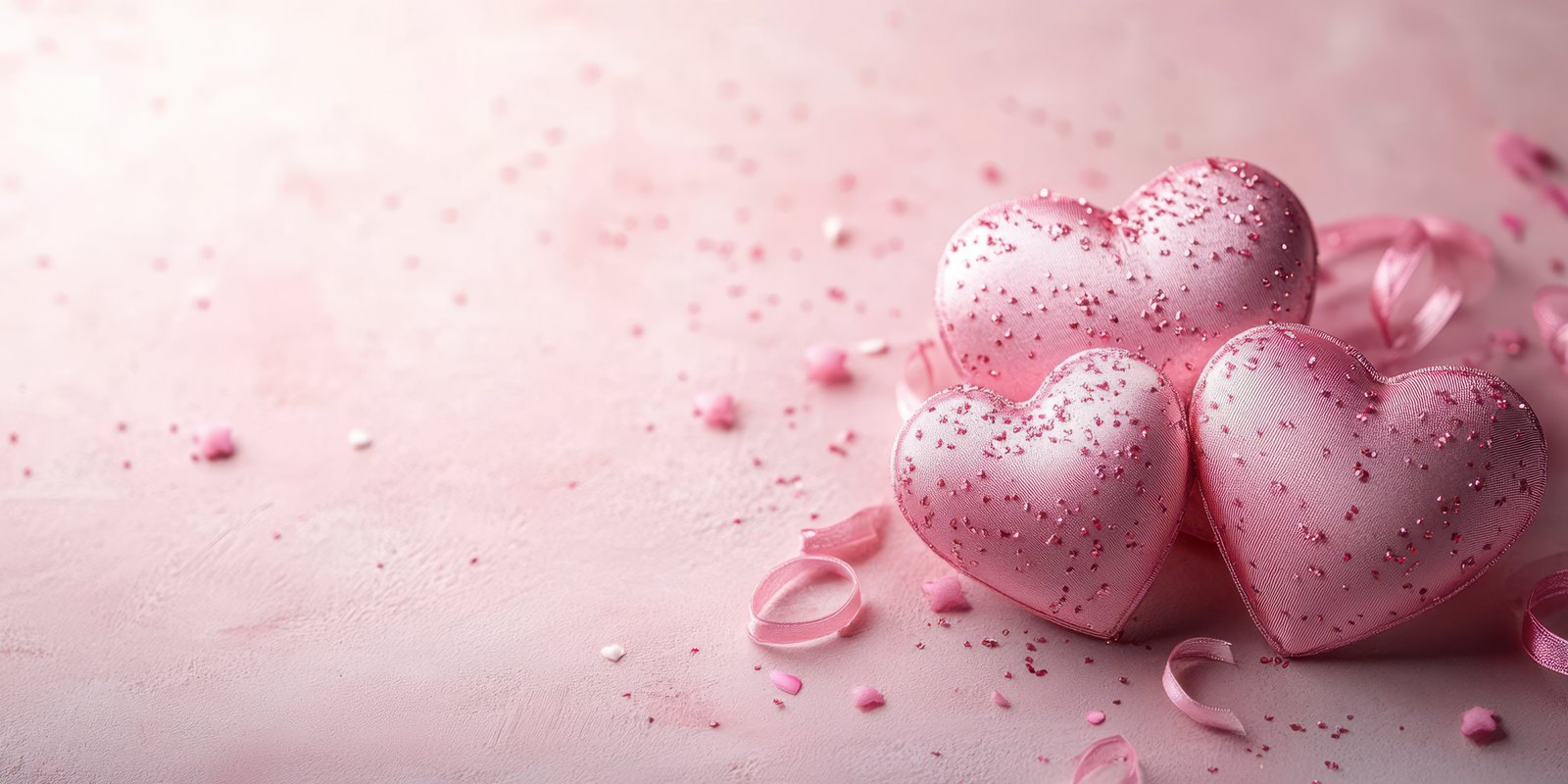 Romantic pink heart decorations with glitter on a soft pastel background for special occasions